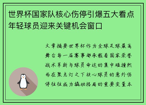 世界杯国家队核心伤停引爆五大看点年轻球员迎来关键机会窗口