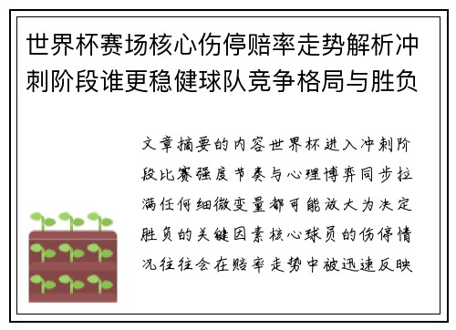 世界杯赛场核心伤停赔率走势解析冲刺阶段谁更稳健球队竞争格局与胜负判断
